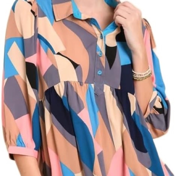 Umgee Plus Abstract Print 3/4 Puff Sleeve Button Up Collared BabyDoll Top - Picture 2 of 9